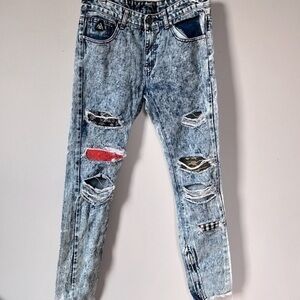 Dnm Collection Mens Distressed Stonewashed Ripped Patchwork Blue Jeans Size 32